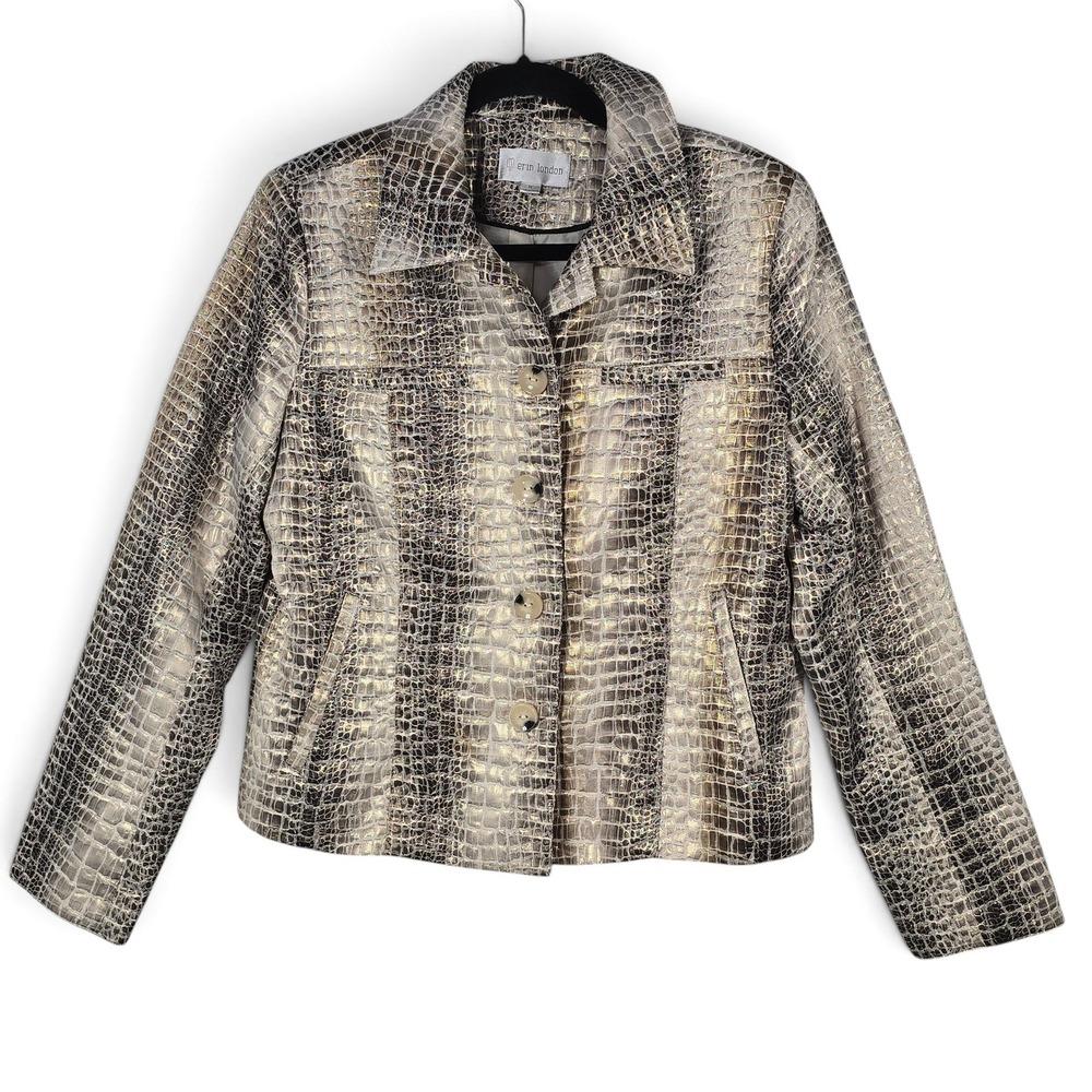 Erin London Jacket Womens Medium Croc Embossed Gold Silver Metallic Animal Print
